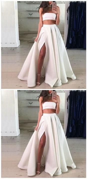 Two Piece Strapless Split Front White Long Prom dress cg1951