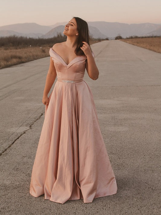 A-Line/Princess Satin Off-the-Shoulder Sash/Ribbon/Belt Sleeveless Floor-Length Dresses Prom Dress    cg19520