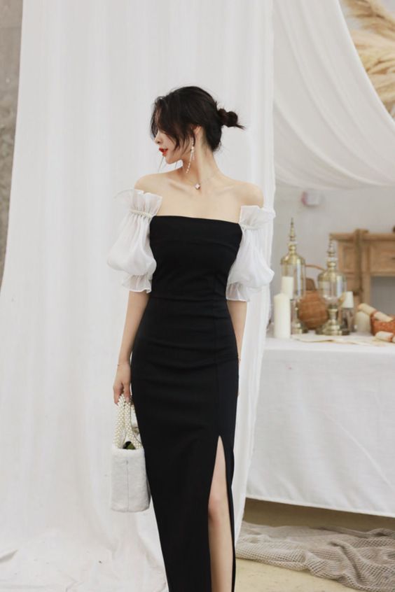 Unique long prom dress Off-Shoulder Puff-Sleeve Sheath Dress    cg19542