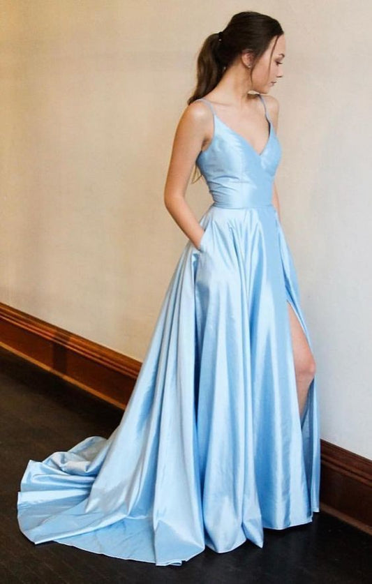 Spaghetti Straps Long Simple Prom Dress with Split Blue Party Dress cg1955