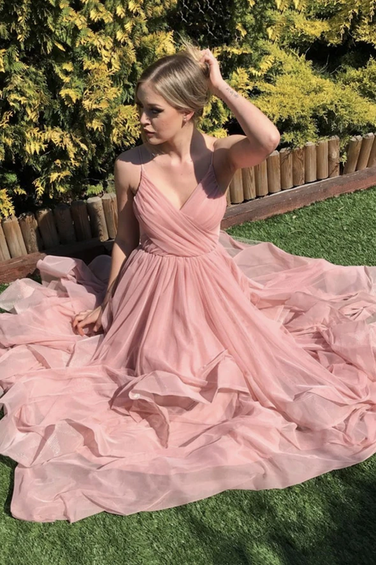 Pink v neck chiffon A line prom dress pink evening dress    cg19584