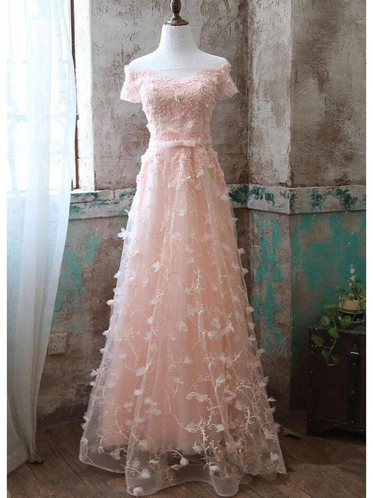 Pearl Pink Lace Off Shoulder Elegant Long Prom Dress, Floral Lace A-Line Bridesmaid Dress    cg19614