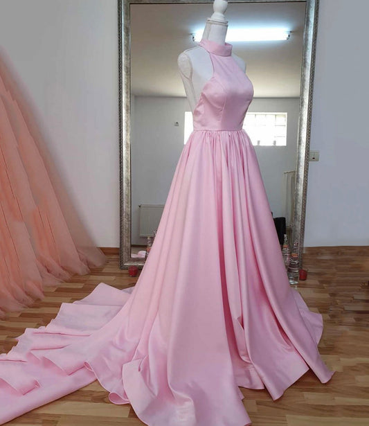 PINK SATIN LONG A LINE PROM DRESS PINK EVENING DRESS    cg19624