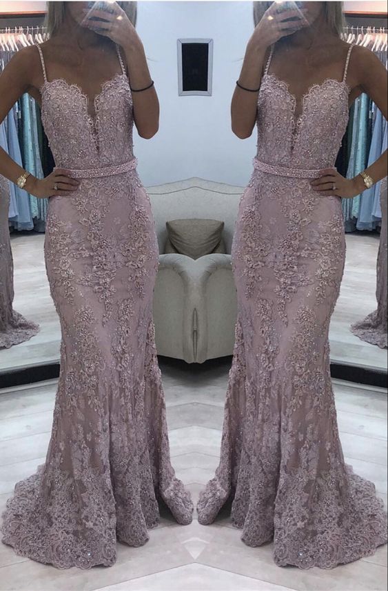 Elegant Mauve lace mermaid prom dresses sweetheart spaghetti straps    cg19636