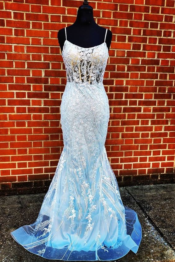 mermaid light blue long prom dress with spaghetti straps   cg19642
