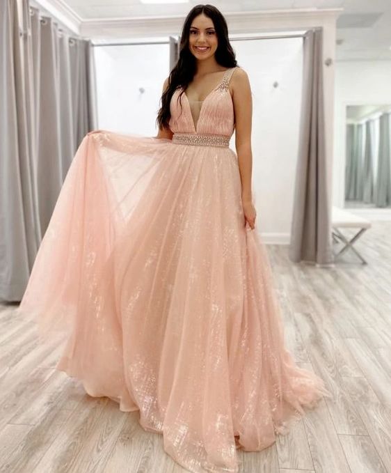 Blush pink long prom dress with rhinestone belt    cg19653