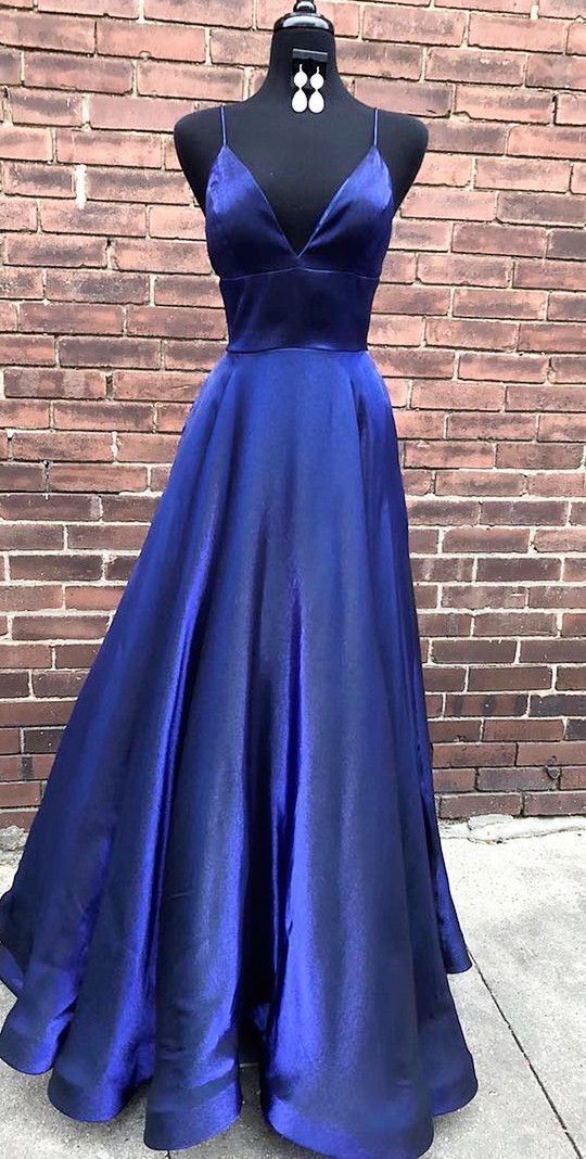 Simple Elegant A Line V Neck Spaghetti Straps Navy Blue Long Prom Dress  cg1966