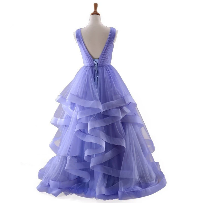 Lavender Tulle V-Neckline Layers Long Sweet 16 Dress, Light Purple Prom Dress Party Dress   cg19681