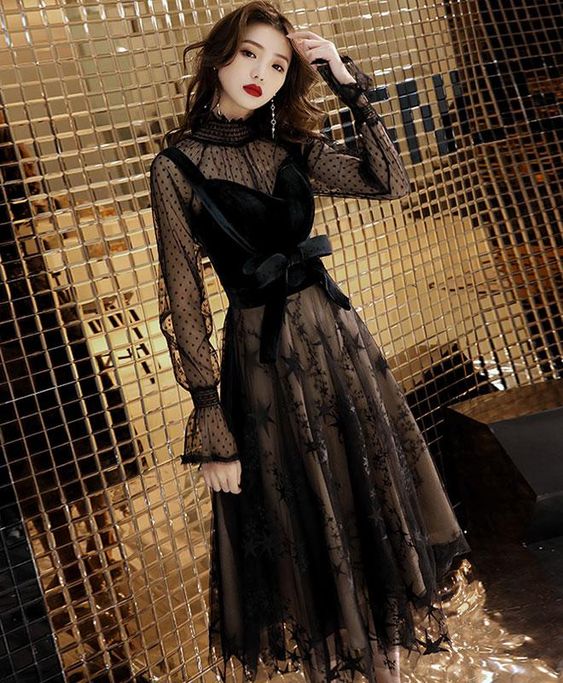 Black tulle lace short dress, black lace homecoming dress cg1970