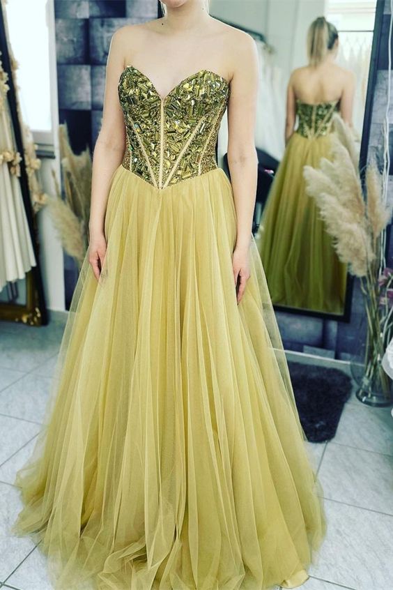 strapless gold long party dress prom dress    cg19745
