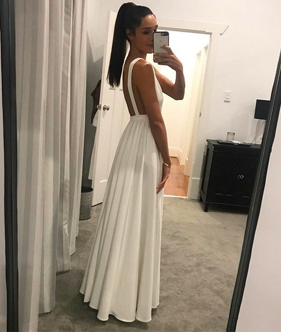 Sexy Ivory Low V Neck A Line Floor Length Formal prom Gown, Evening Dress With Open Back    cg19746