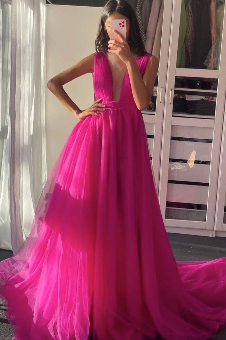 Plum red v neck tulle long prom dress tulle formal dress    cg19776