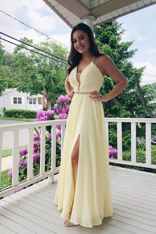 Halter Neckline Yellow Chiffon Prom Dresses    cg19781