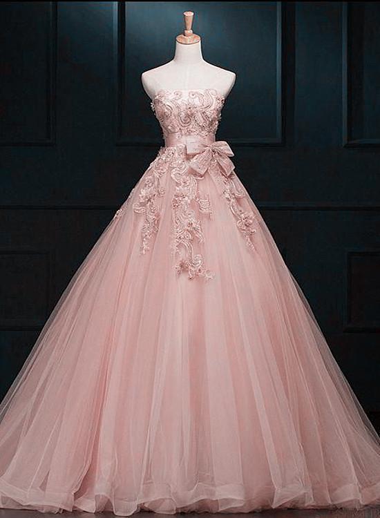 Charming Pearl Pink Tulle Sweet 16 prom Gown with Lace, Long Party Dress   cg19822