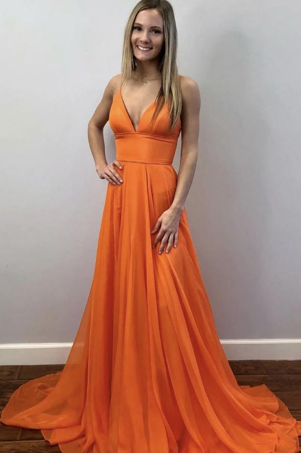 Simple v neck chiffon long prom dress orange evening dress    cg19833