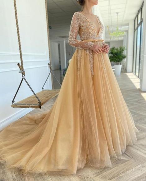 A-line V Neck Tulle Lace Prom Dress   cg19847