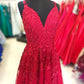 A-line Red Lace Long Prom Dress    cg19855