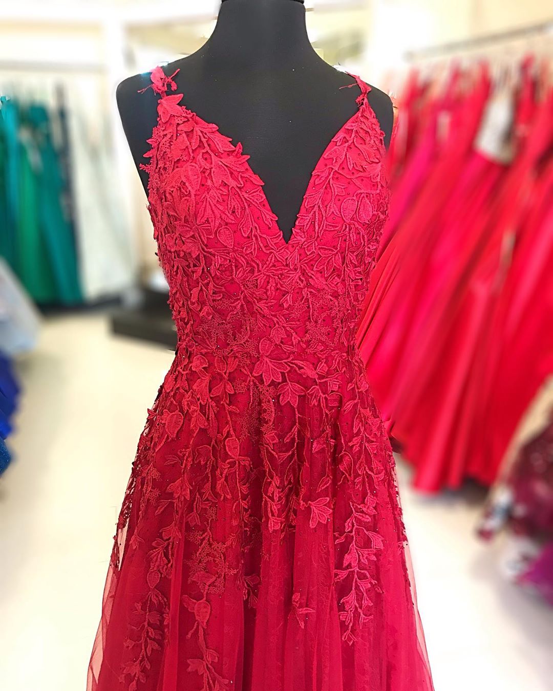 A-line Red Lace Long Prom Dress    cg19855