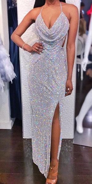 Sparkly Mermaid Sexy Backless Slit Sequin Prom Dresses    cg19885