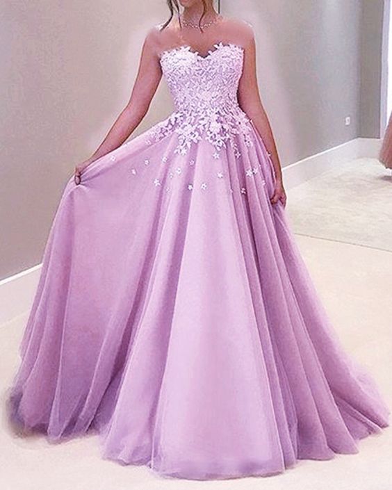 Elegant lilac tulle prom dresses sweetheart lace appliques sweetheart princess ball gown for teens  cg19889