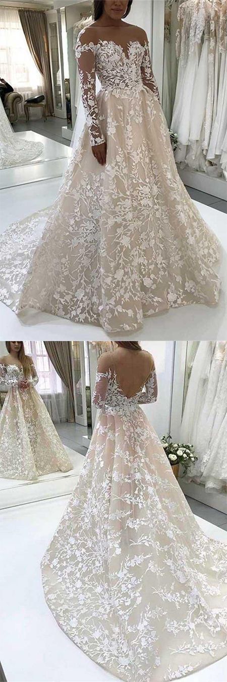 Elegant A-Line Illusion Beteau Long Sleeves Ivory Lace Wedding prom Dress     cg19903