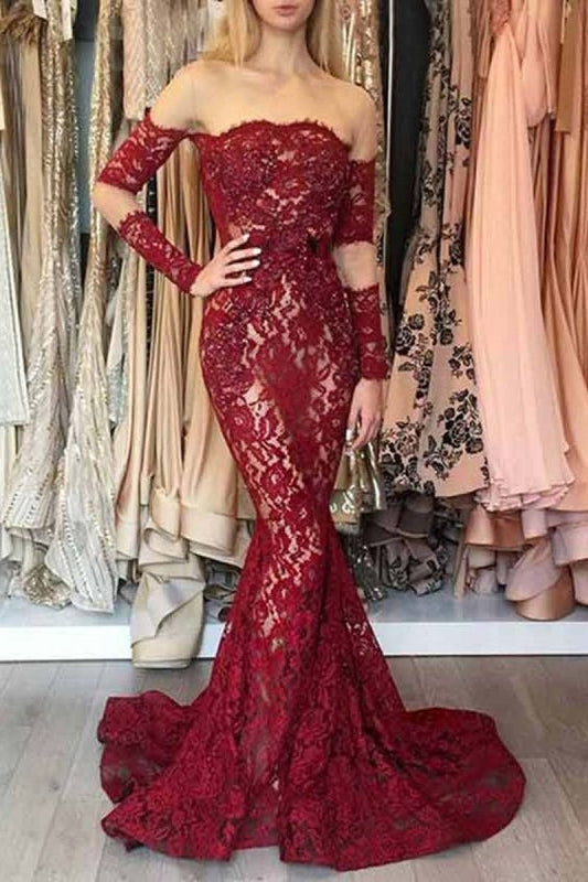 Mermaid Long Sleeves Dark Red Off the Shoulder Lace Prom Dresses with Train     cg19904