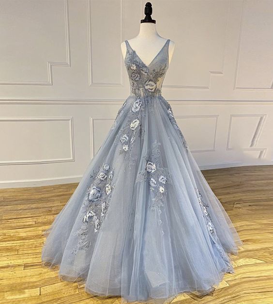 Gray Tulle V Neck Long A Line Embroidery Halter Dress Prom Dress     cg19916