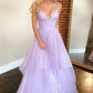 Purple v neck tulle long prom dress purple formal dress    cg19928