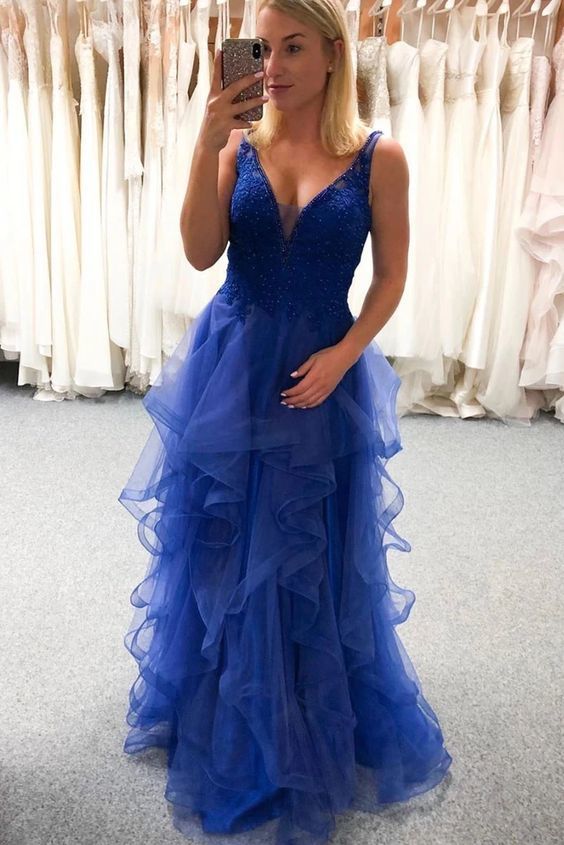 Blue V Neck Sleeveless Tulle Prom Dress with Ruffles, Floor Length Beading Formal Dress    cg19938