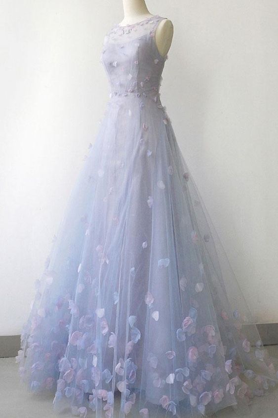 Simple Blue Gray Tulle 3D Lace Applique Long A Line Prom Dress, Halter Evening Dress cg1996