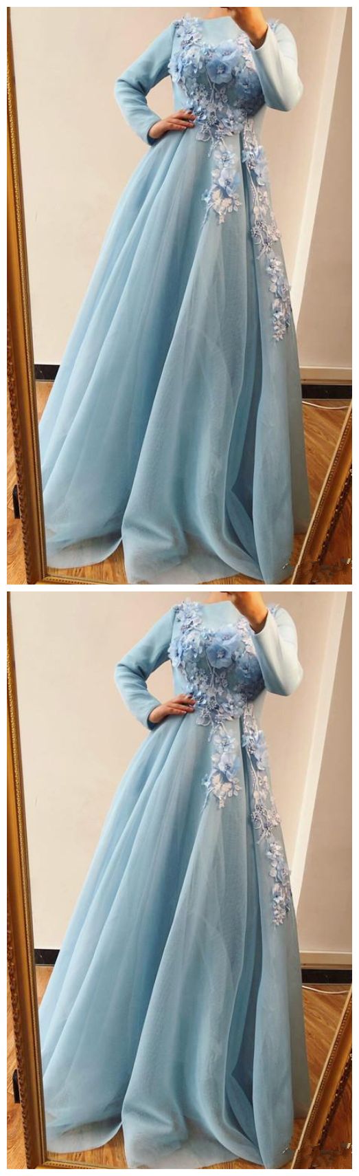 Muslim A Line Evening Dresses Beaded 3D Handmade Flowers Blue Long Sleeve Organze Prom dresses   cg19961