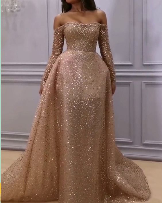 Sparkly mermaid long sleeves prom dresses glitter formal gown off the shoulder for special occasions    cg19662