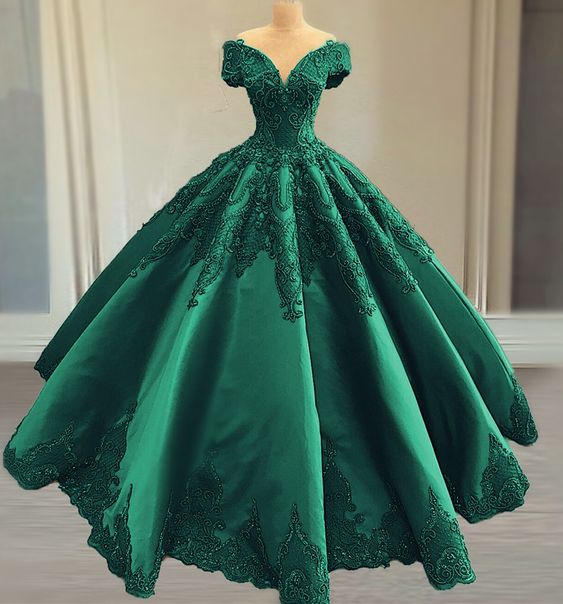 prom dresses Elegant green satin ball gown wedding dress lace embroidery beaded off the shoulder for bridal party   cg19969