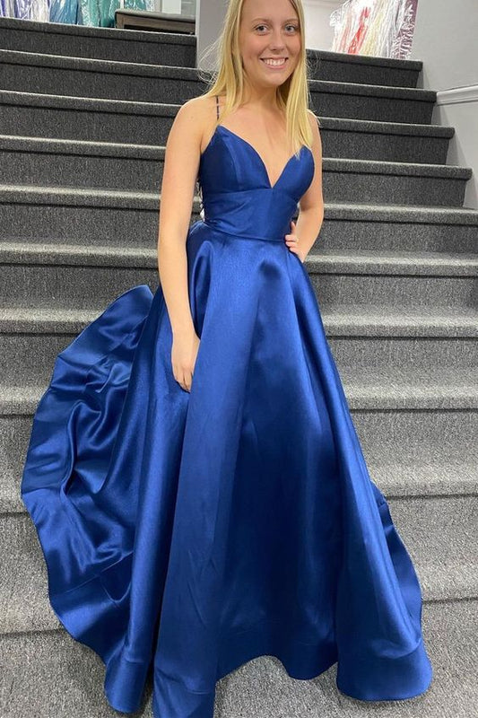 simply elegant navy blue long prom dress with lace up back    cg19973