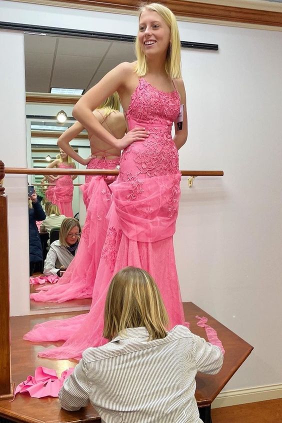 Hot Pink Lace Appliques Long Prom Dress with Lace Up Back    cg19985