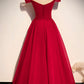 Red v neck tulle long prom dress A line evening dress    cg19997