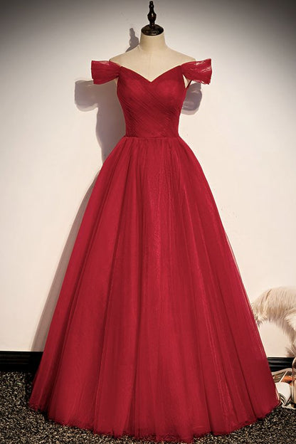 Red v neck tulle long prom dress A line evening dress    cg19997