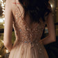 Champagne Beaded V-Neckline Spaghetti Strap Tulle Evening Gown, A-Line Prom Dress    cg20003