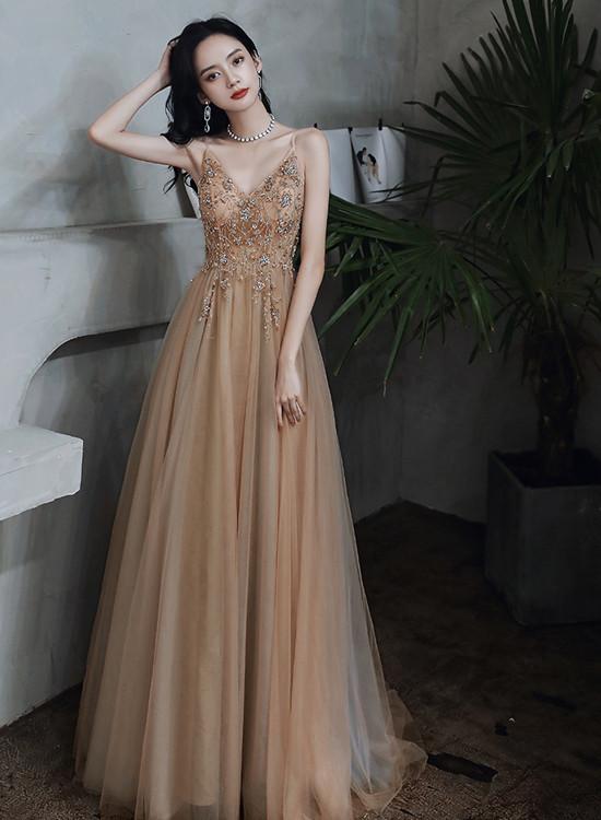 Champagne Beaded V-Neckline Spaghetti Strap Tulle Evening Gown, A-Line Prom Dress    cg20003