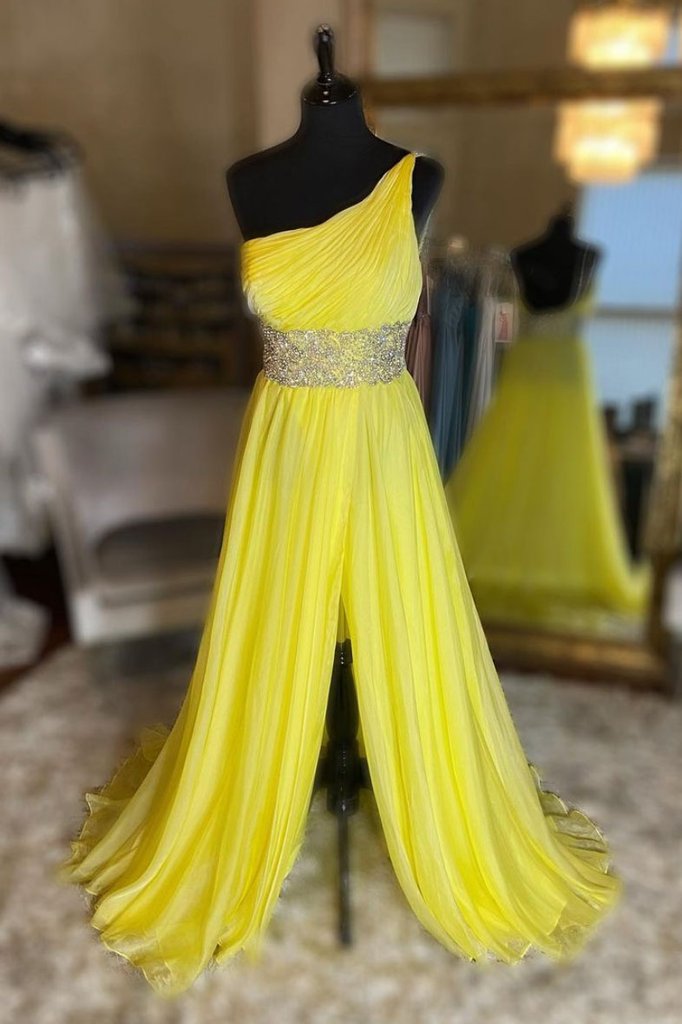 YELLOW ONE SHOULDER TULLE LONG PROM DRESS YELLOW EVENING DRESS    cg20010