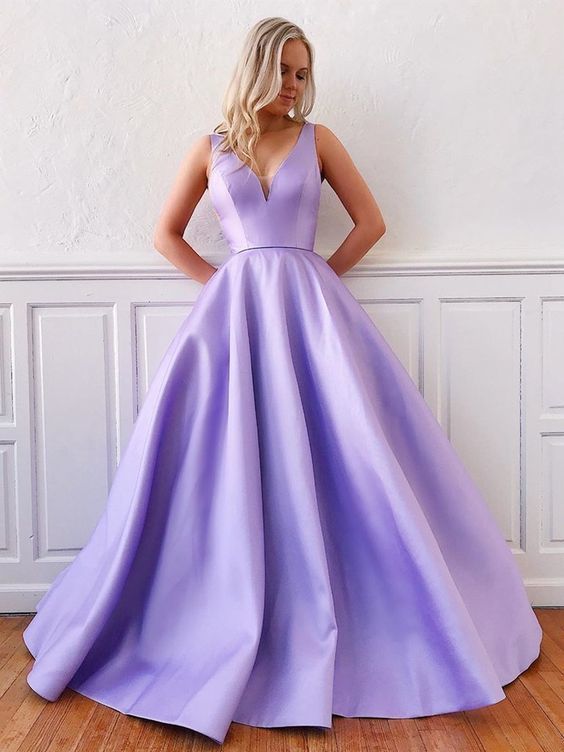 V Neck Purple Long Satin Prom Dresses    cg20027