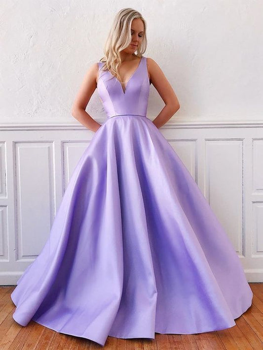 V Neck Purple Long Satin Prom Dresses    cg20027