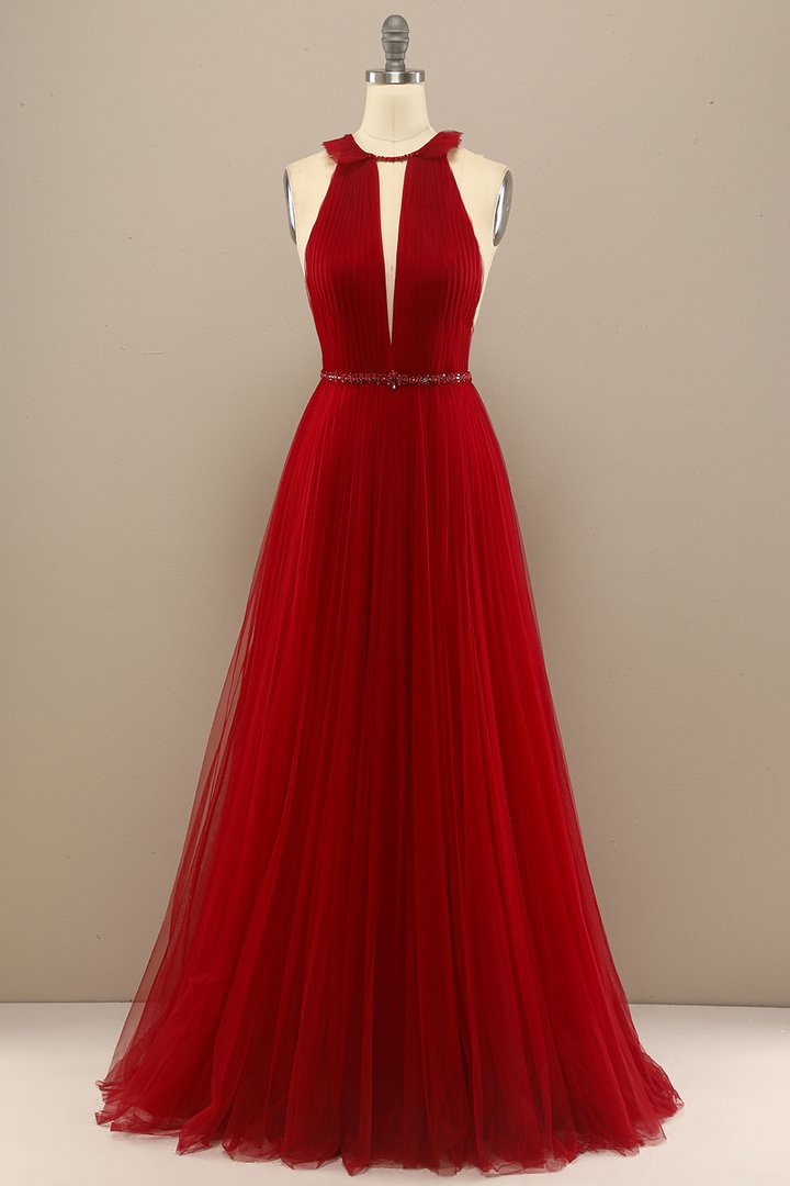 Red Pleated Long Chiffon Prom Dress    cg20033