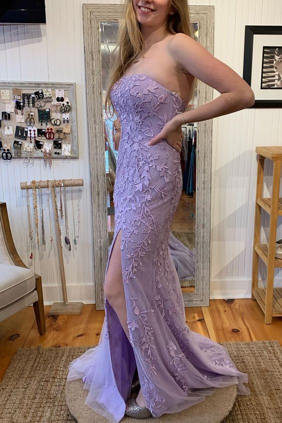 mermaid lavender lace long prom dress with strapless and side slit    cg20048