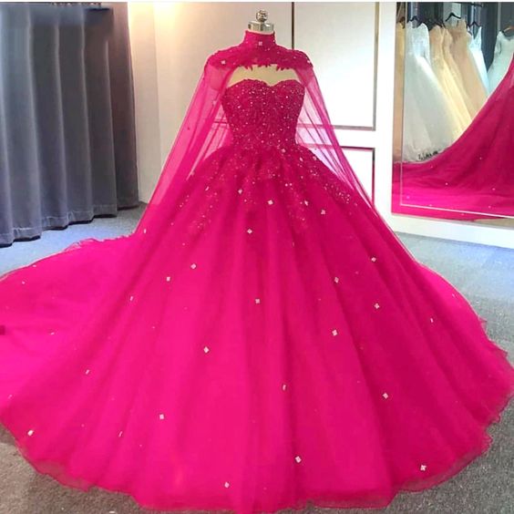 Hot Pink Detachable Cape Quinceanera Sweet 16 Ball Gown Prom Dress    cg20065