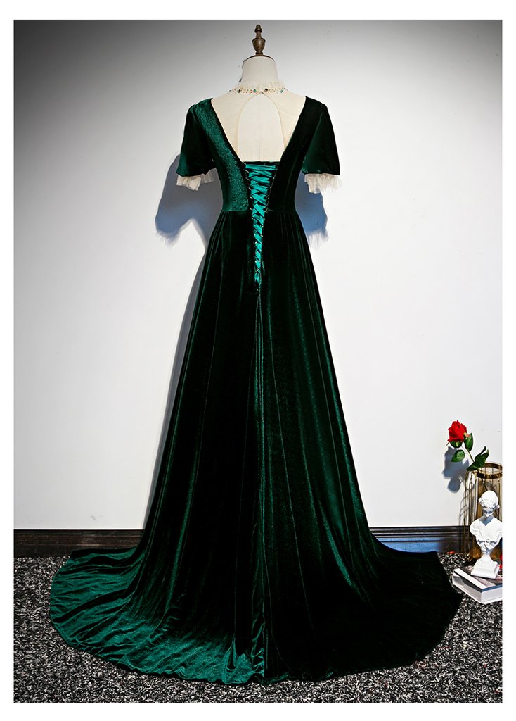 Dark Green Velvet Short Sleeves A-Line Bridesmaid Dress, Long Prom Dress Evening Dress   cg20089