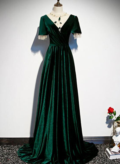 Dark Green Velvet Short Sleeves A-Line Bridesmaid Dress, Long Prom Dress Evening Dress   cg20089