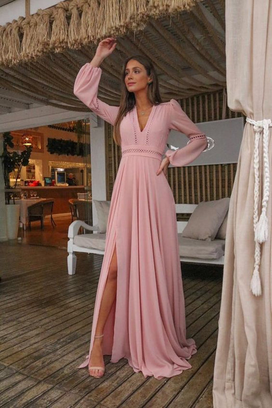 V Neck Long Sleeves Pink Holiday Dress with Appliques, Split Evening Party Dress Prom Dresses     cg20129