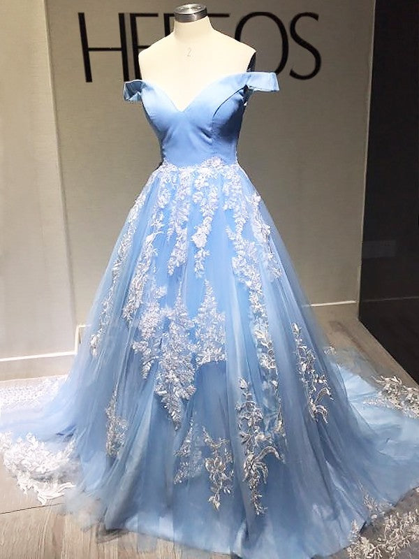 Ball Gown Sleeveless Off-the-Shoulder Applique Tulle Sweep/Brush Train Dresses Prom Dress    cg20133