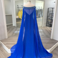 Royal Blue Velvet Elegant Red Carpet Couture Gowns with Chiffon Cape Bead-work Shoulder Off the Shoulder prom dress formal gowns    cg20152